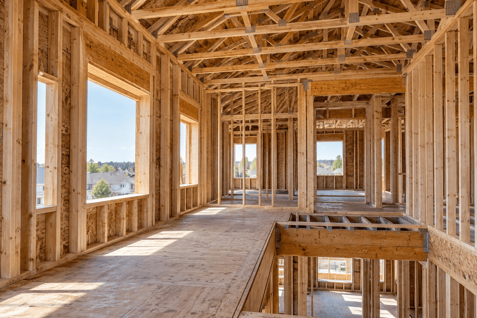 Precise timber framing and structural details inside a home under construction