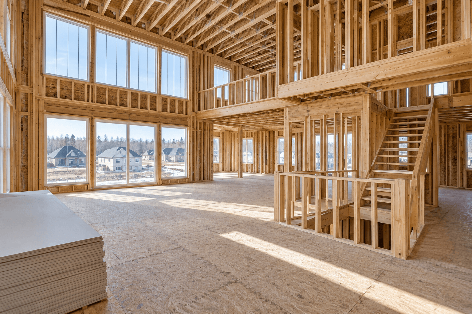 Open interior of a two-storey timber frame home under construction
